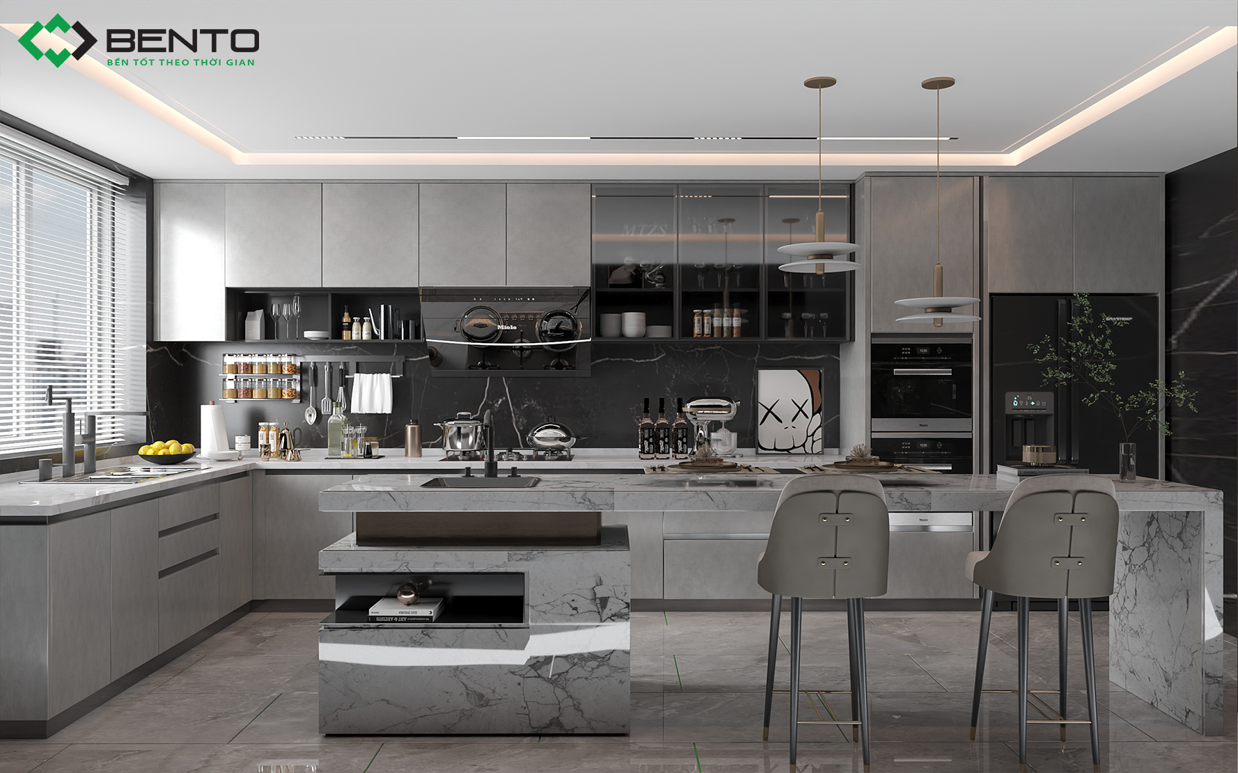 Tủ bếp nhựa kết hợp vân đá