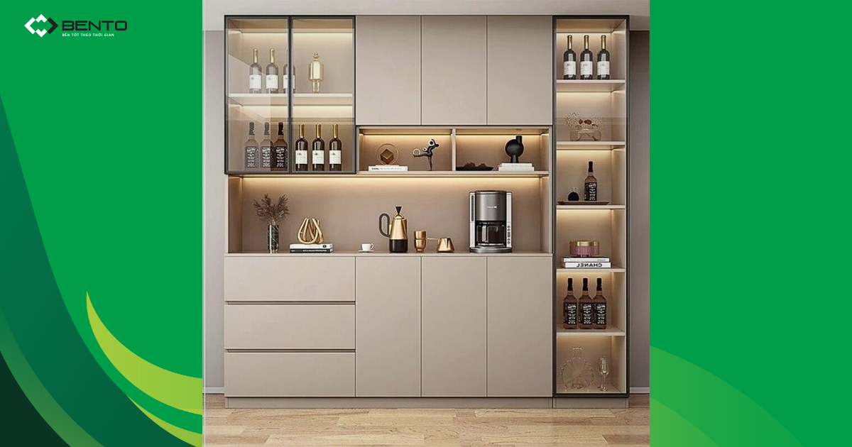 Tủ bếp cánh acrylic trong suốt, giúp trưng bày