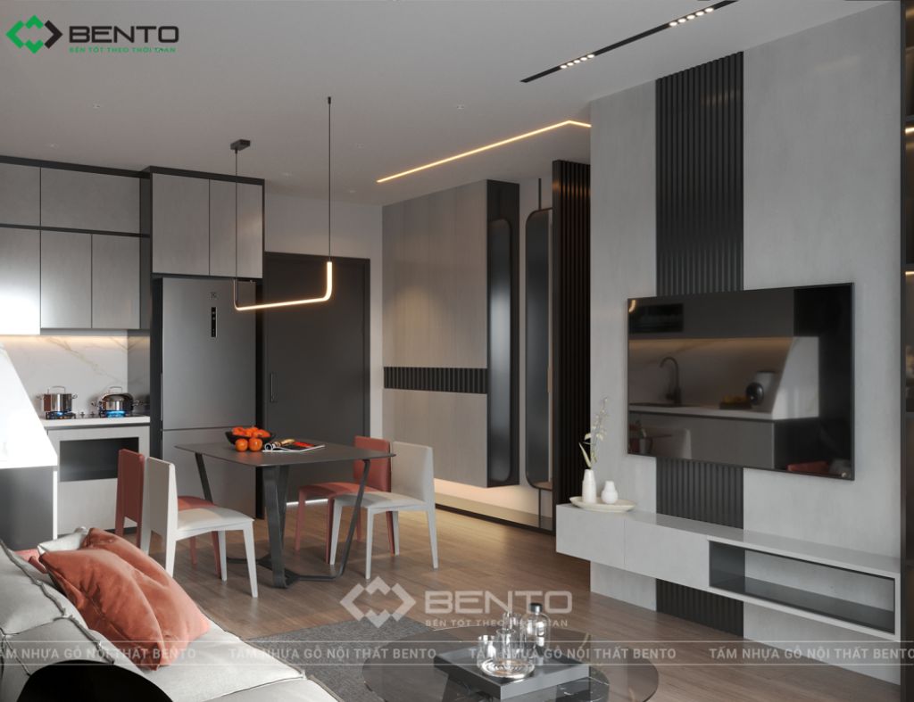 Giải pháp thi công thiết kế nội thất nhà phố sử dụng tấm nhựa nội thất BENTO kết hợp vật liệu ốp tường hiện đại